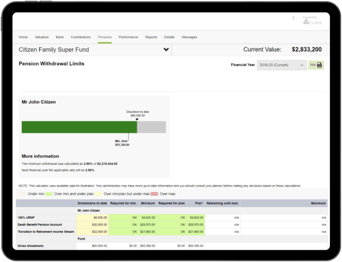 SMSF pension drawdown tracking online